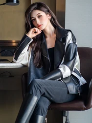 Women's Winter Sheepskin Coat Green Black White Splicing  Leather Jackets Coat Autumn loose Locomotive Women Jacket Coats