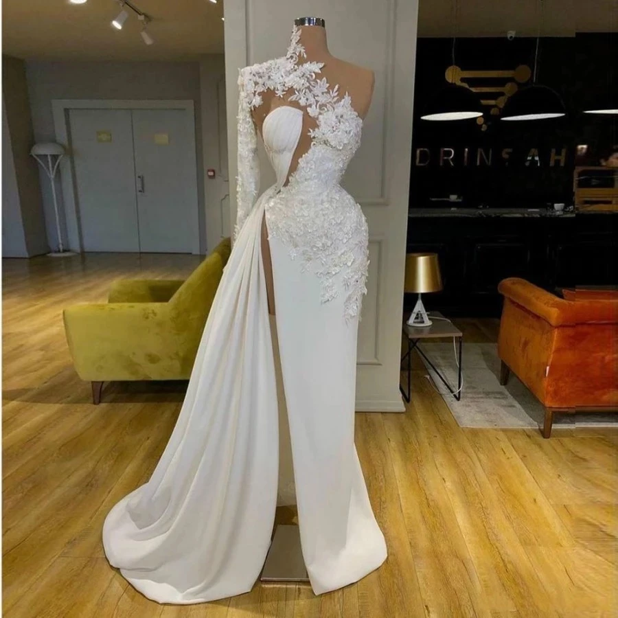 Women's Long Chiffon Formal Evening Dresses One Shoulder Full Sleeve Appliques Wedding Party Gown High Split Sweep Train Robe | Свадьбы и