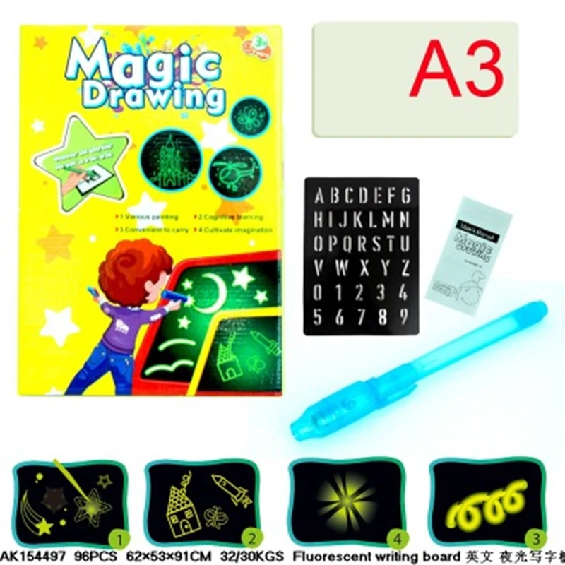 Волшебный луч планшета для. Флуоресцентная доска для рисования, светильник, забавная развивающая игрушка, обучающая волшебная игрушка, подарок для детей, новинка 3 d доска для рисования волшебный луч планшет для - Цвет: English Yellow A3