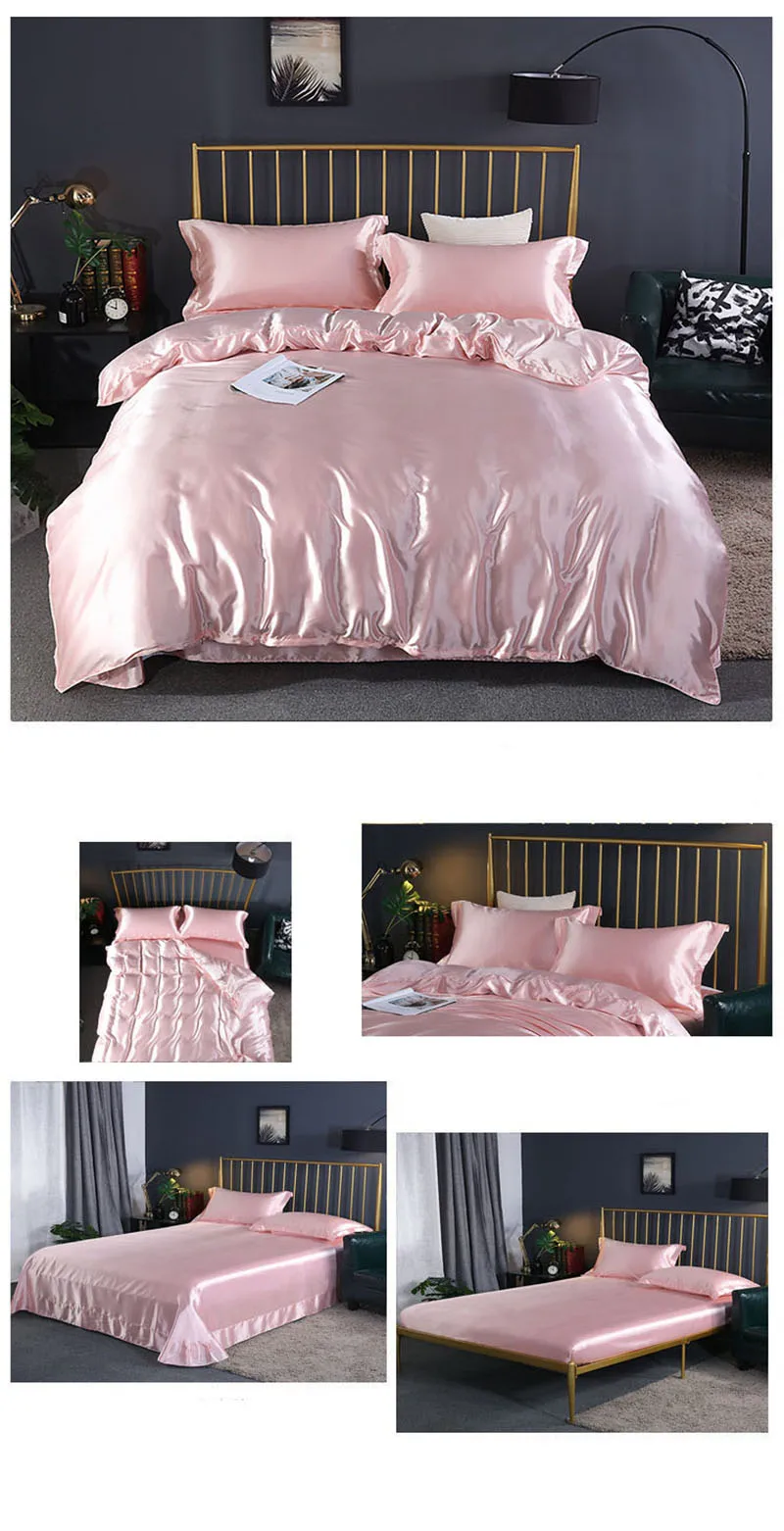 Mulberry Silk luxury Bedding Set with fitted sheet High-end 100% Silk Satin Bedding Sets soft smooth Solid Color quilts Cover