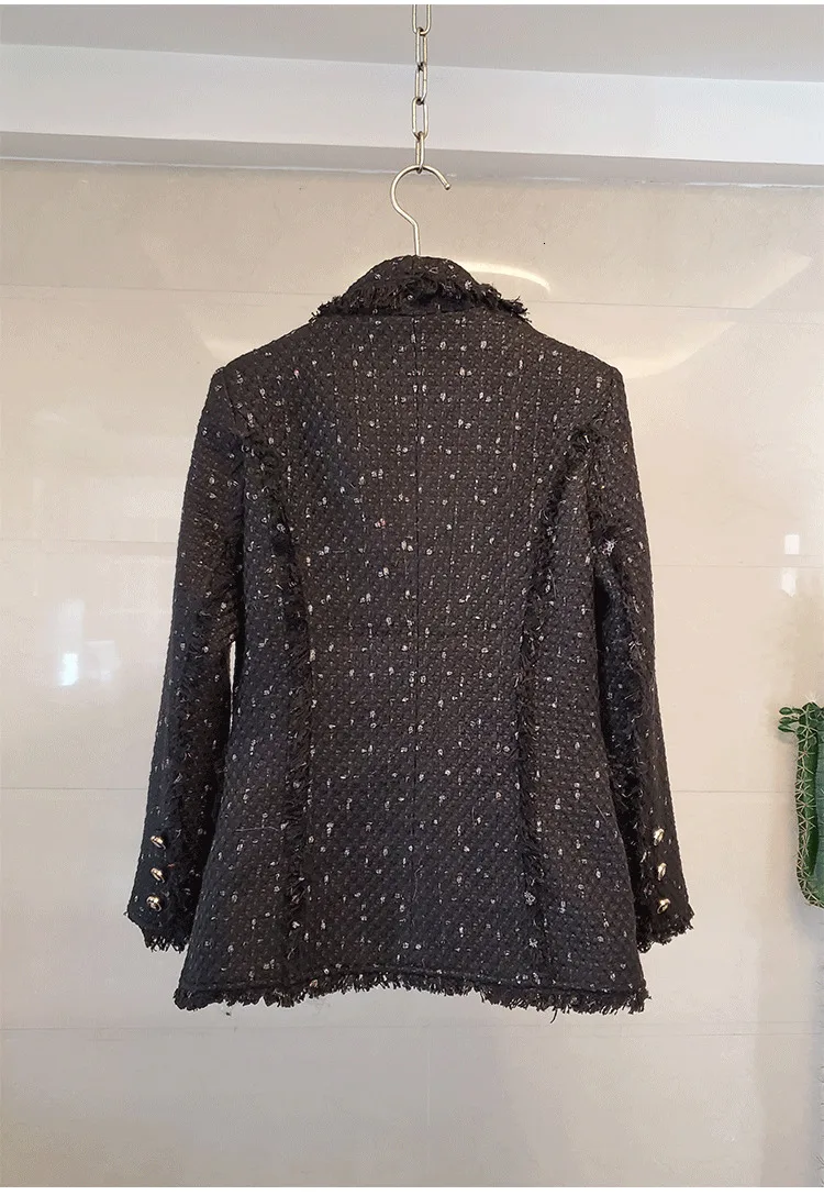 Autumn New High-end Runway Fashion Tweed Fringed Suit Long Coat Jacket Women Winter Double Breasted Casual Jacket Outerwear