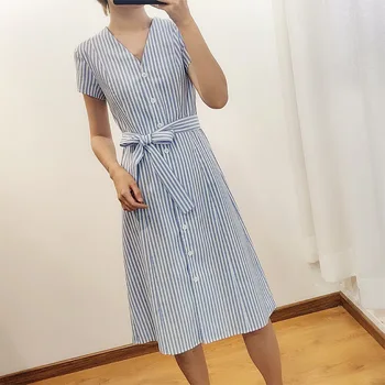 

Women Dresses Classic Striped Dress Early Summer Blue Simple Dress