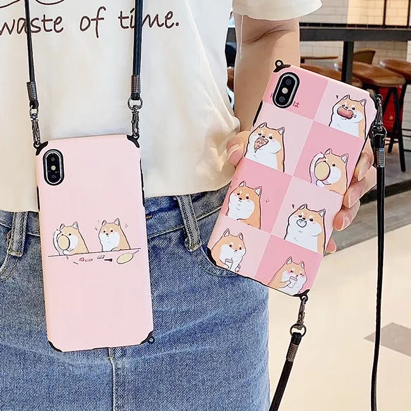 

Cute Cartoon Dog Shiba Inu Phone Case For iPhone 6 6s 7 8 Plus X Xr Xs Max Soft Silicone Case With Lanyard Shoulder Neck Strap