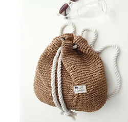Summer Women Straw Backpack Handmade Beach Bag Drawstring Knapsack Knitted Crocheted Shoulder Bag Travel Bag