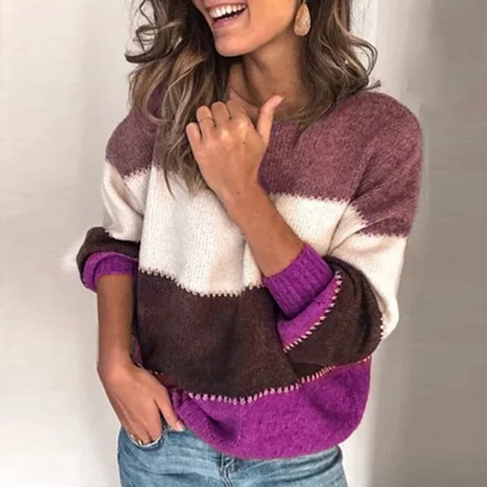 Adisputent 2020 New Spring Female Casual Patchwork Sweater Women O-neck Long Sleeve Knitted Pullover Female Loose Stripe Jumper