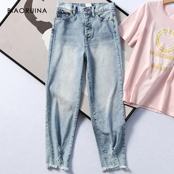

BIAORUINA Women's Washing Bleached Holes Casual Harem Jeans Female Fashion Tassels Hem Comfort High Waist Jeans