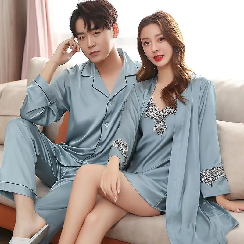 Silk Pijama Unit Men Spring Autumn Pajamas Set Satin Lounge Pants Long Sleeve Shirt Lovers Couples Sleepwear Male Night Wear