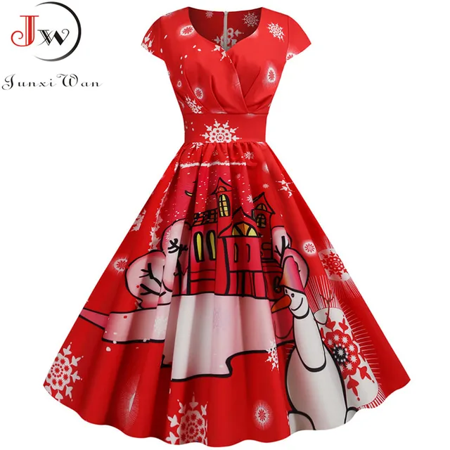 2022 Santa Claus Print Vintage Women Elegant Christmas Party Dress Robe Femme Plus Size 3XL Casual V Neck Winter Midi Vestidos 5