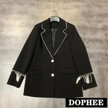 

2020 Spring New Diamond Tassels Sleeve Glittered Elegant OL Suit Jacket Women Blazer Coat Solid Color Loose Outwear