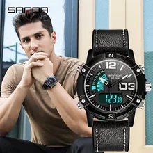 

SANDA Sports Military Men's Watches Waterproof Dual Display Quartz Wristwatch For Male Stopwatch Black Leather Back Light Clock