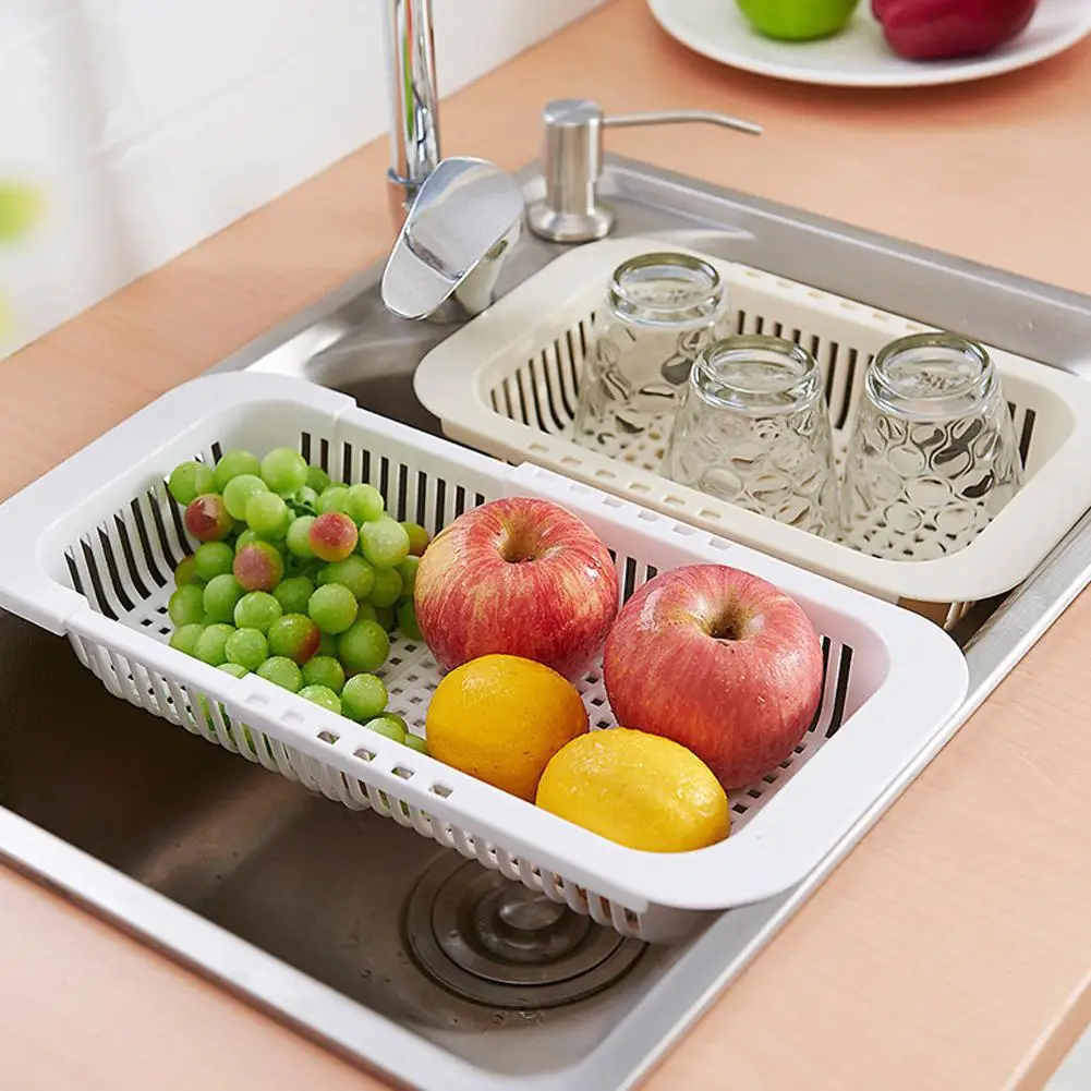 Kitchen Retractable Sink Drain Basket Plastic Dish Rack Vegetables