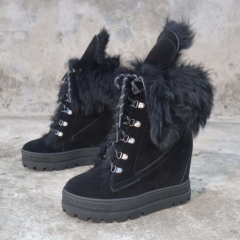 

Ladies Black Suede Thick Platform Sole Wool Fur Snow Boots Warm Fur Inside Lace Up Bottines Hidden Wedge Ankle Boots