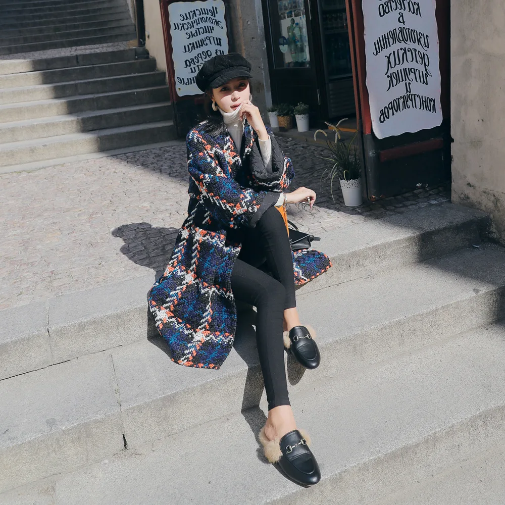 

Photo Shoot 2018 Winter New Style Retro Laziness-Style Mid-length Tweed Pattern Woolen Jacket Woolen Overcoat Women's