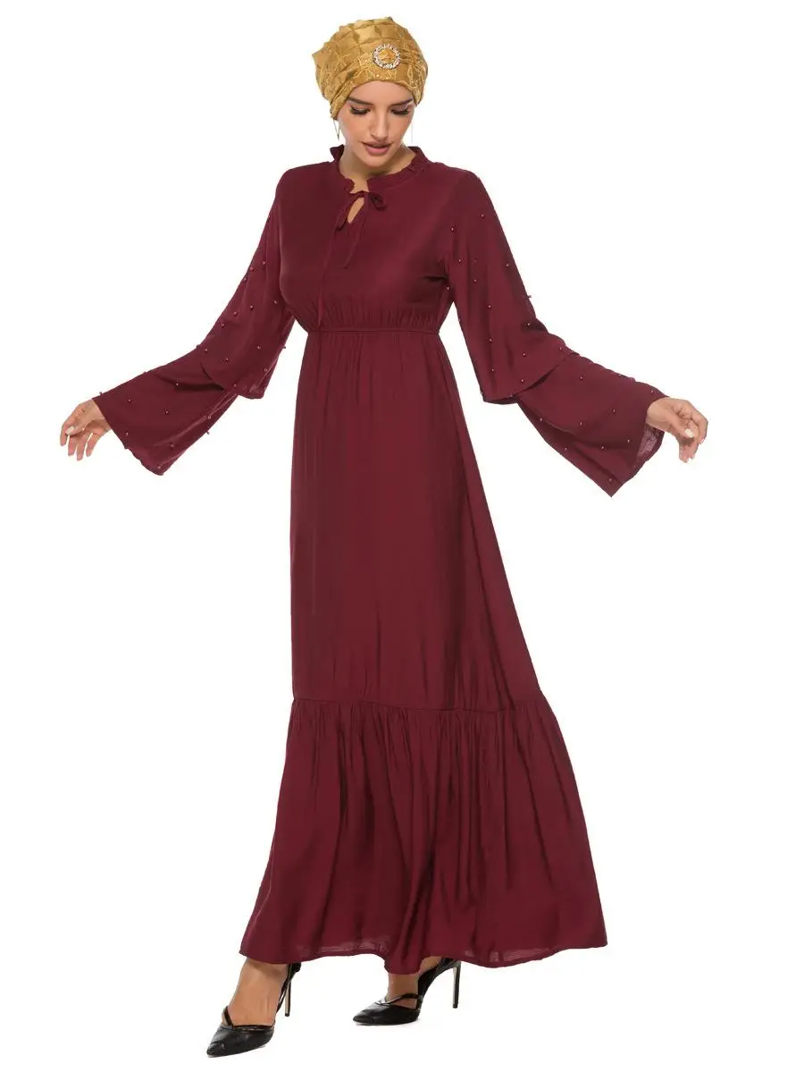 Модные женские туфли с расклешенными рукавами Длинное Макси платье Бисер Абая, для мусульман плиссированные кафтан джилбаба рюшами
