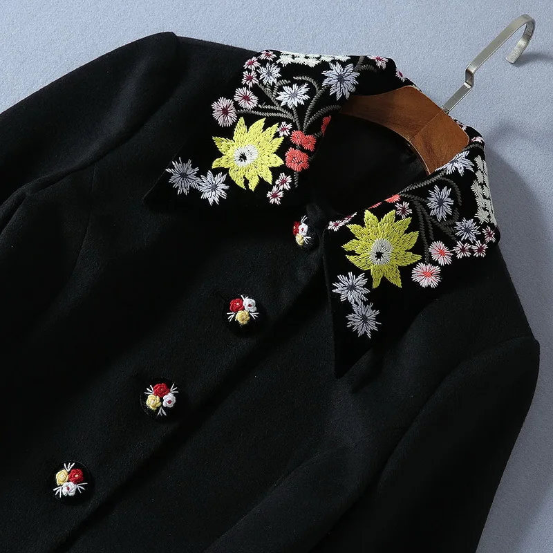 Осень Зима длинное шерстяное Женское пальто с цветочной вышивкой и отложным воротником однобортное длинное черное шерстяное пальто
