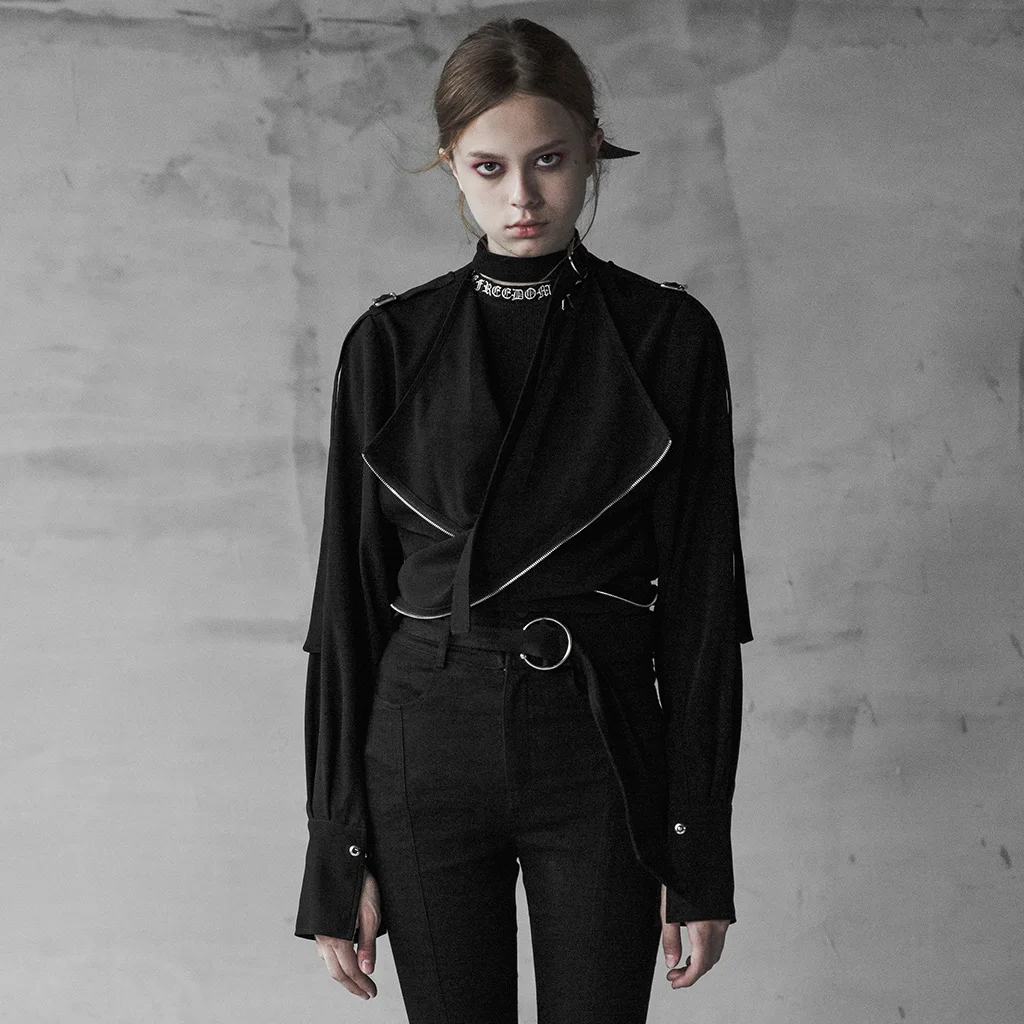 

PUNK RAVE Women Handsome Micro Military Uniform Shirt-style Jacket Woven Irregular Hem Personality Two Wear Loose Coat