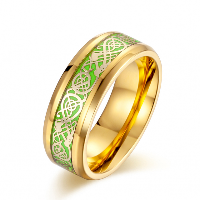Gold Color Tungsten Wedding Band for Men Dragon Ring Green Blue Carbon Fiber Inlay Polish Finish Beveled Edges Comfort Fit