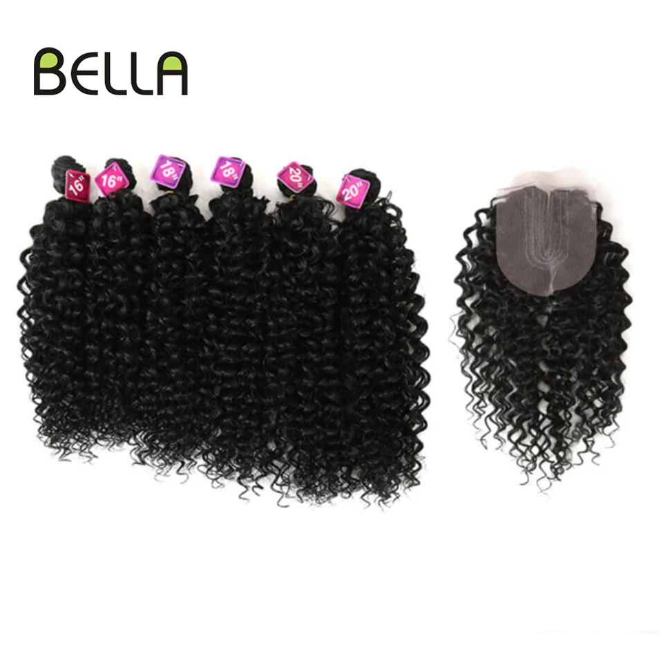 Bella Afro Kinky Curly Synthetic Hair 6 Bundles With 1 Closure 7pcs/Lot 16-20 inch Kinky Curly Bundles Hair Extension hair extensions
