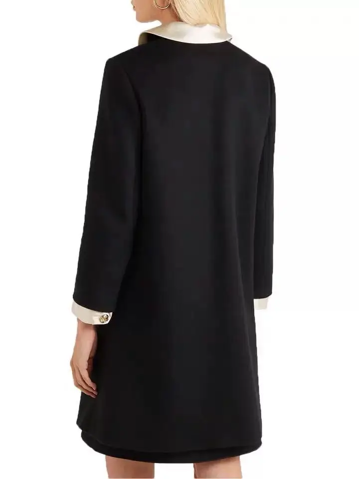 Большой размер темперамент черное элегантное шерстяное пальто воротник кукла лук средней длины пальто темперамент пальто