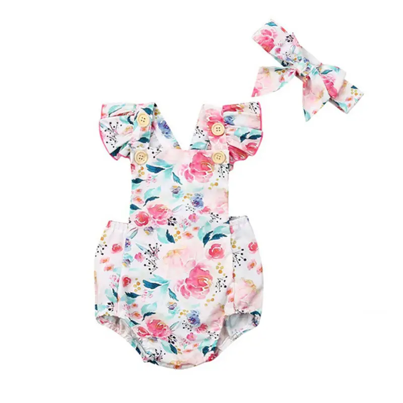 US Stock Newborn Baby Girls Romper Bodysuit Jumpsuit Outfits Clothes HeadbandBodysuits