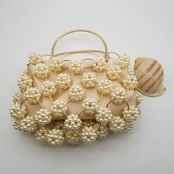 

Caker Brand 2019 Women Pearl Beaded Flower Handbag Circle Ring Hollow Bags