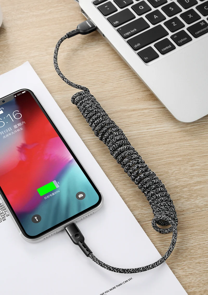 MCDODO 1,8 м пружинный удлинитель для быстрой зарядки USB кабель для зарядного устройства для iPhone XS MAX XR X 8 7 6 Plus USB кабель для мобильного телефона