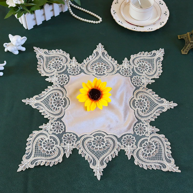 

European Velvet Lace Stitching Embroidered Octagonal Jewelry Antique Vase Cover Towel Tea Table Mat Coaster Decoration Placemat