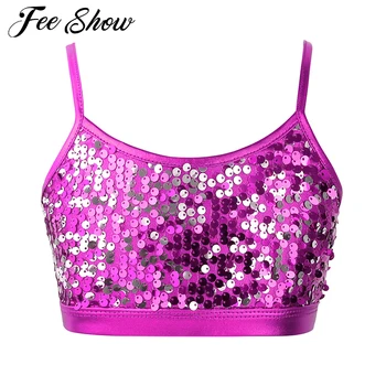 

Kids Spaghetti Straps Sparkly Sequins Metallic Crop Top Stage Performance Dance Costume Girls Gymnastics Ballet Camisole Top
