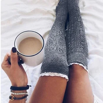 

Women Lace Trim Knitted Stockings Female Warm Breathable Knee High Socks TT@88