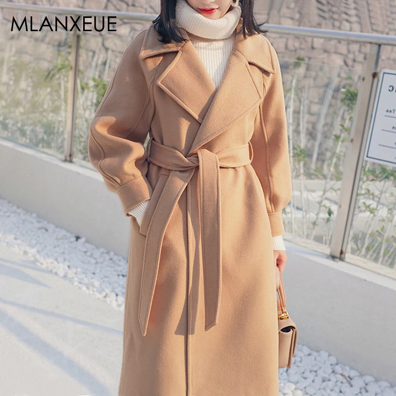 

Plus Size Cover Button Sashes Solid Wool Blends Coats Women Loose Warm Thick Korean Cashmere Long Coat Female Casaco Feminino