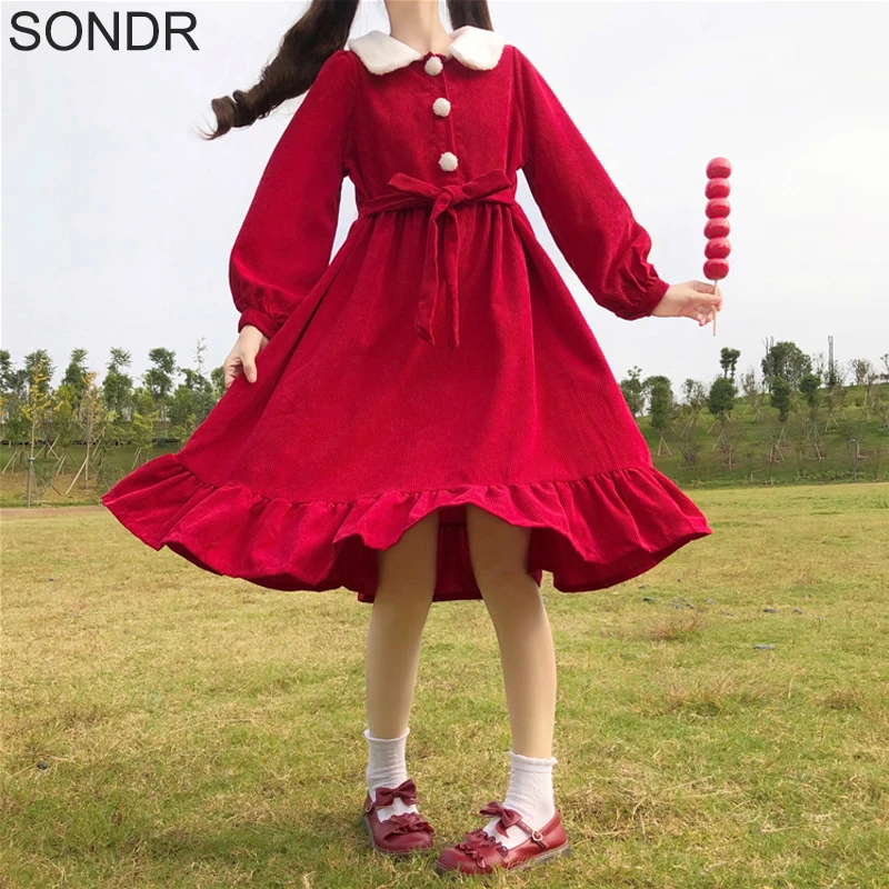 

Cute Lamb Wool Dress Women Autumn Winter Vintage Lapel Collar Corduroy Dress Loose Casual Beam Waist Ugly Christmas Dress Girl