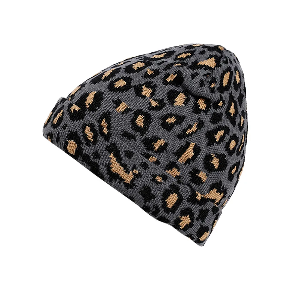 Для взрослых, женщин, мужчин, леопардовые шапочки, зимняя леопардовая вязаная крючком шапка теплые шапки и кепки Hijib cap chapeau femme gorros mujer invierno головные уборы - Цвет: Серый