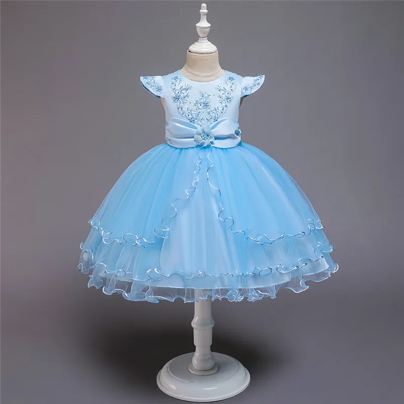 Кружевное платье с вышивкой для маленьких девочек от 1 до 8 лет, детское праздничное платье для девочек на свадьбу элегантное платье-пачка принцессы с бантом - Цвет: sky blue