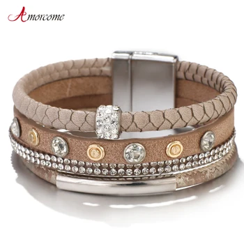 

Amorcome Metal Pipe Leather Bracelets for Women Fashion Crystal Bracelets & Bangles Wide Wrap Multilayer Bracelet Femme Jewelry