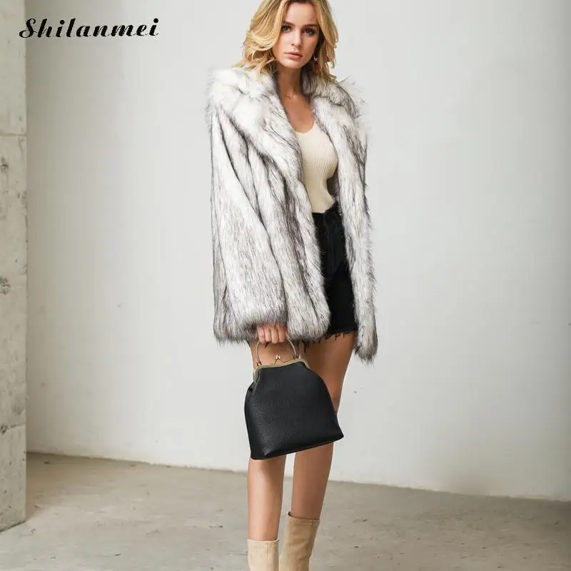 White Furry Faux Fur Coat Women Fashion Fur Collar Plus Size Fur Coat Elegant Flurry Party Club Outwear Thicken Winter Fur Coat