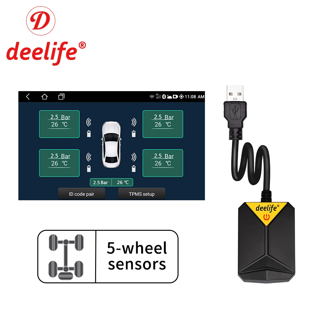 5 Wheels TPMS for Android Car Radio DVD Player Tire Pressure Monitoring System Spare Tyre Sensor USB TMPS