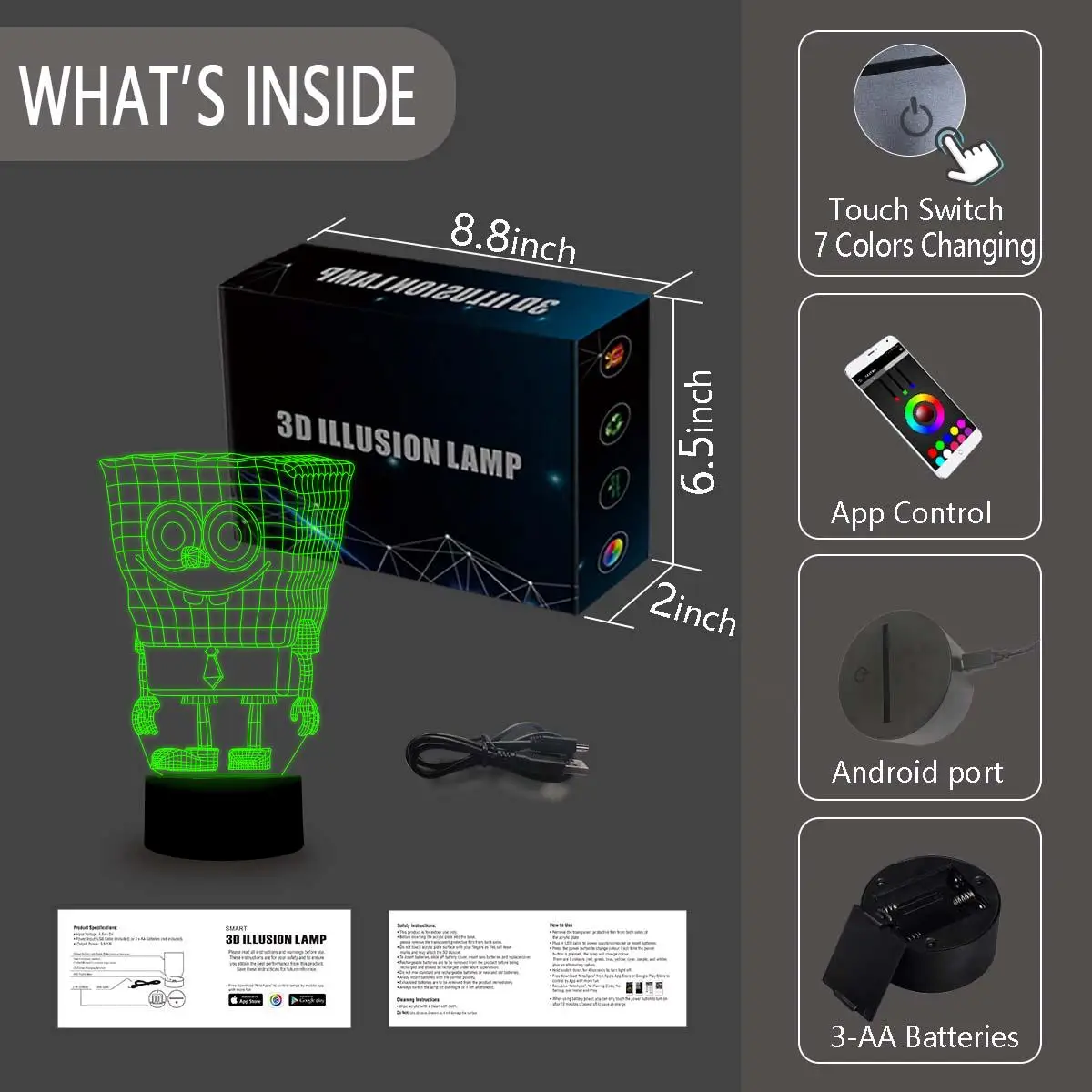 NiteApps 3D Губка Боб ночник настольная лампа Иллюзия подарок на день рождения приложение/сенсорное управление
