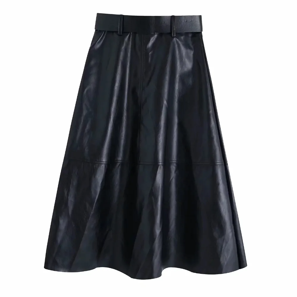 Увядшая английская стильная Высокая уличная юбка с поясом, высокая талия, кожаная юбка миди для женщин, faldas mujer moda,, ПУ, трапециевидные длинные юбки для женщин