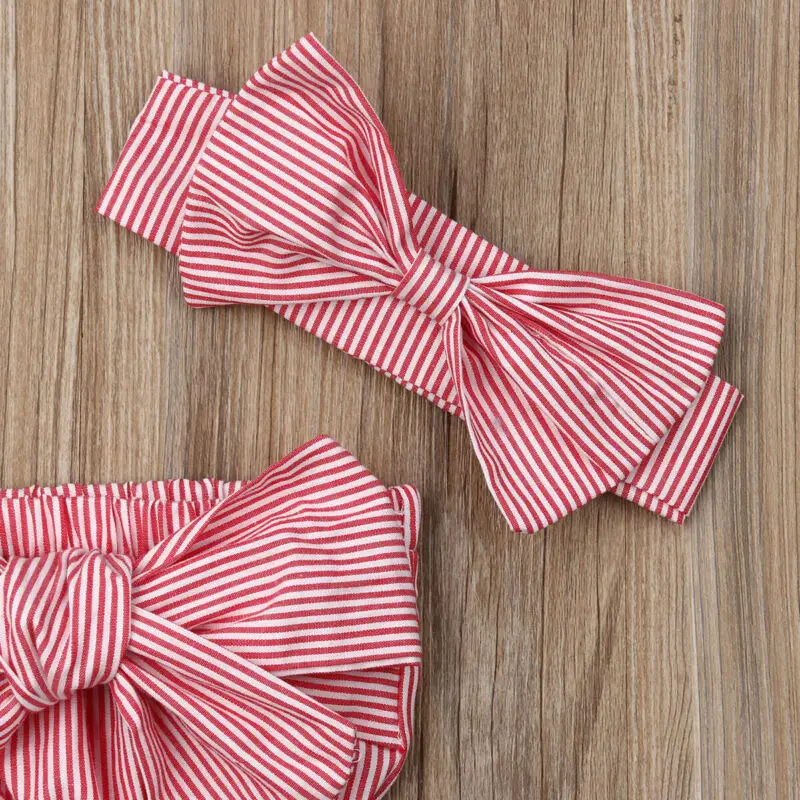 Newborn Infant Baby Girls Off Shoulder Strapless Striped Romper Large Bow Tie Jumpsuit Outfits Headband