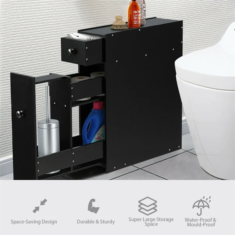 

White Black Slide-out Bathroom Floor Cabinet Space Saver Storage Organizer Simple Classic Style Durable Sturdy Bathroom Storage
