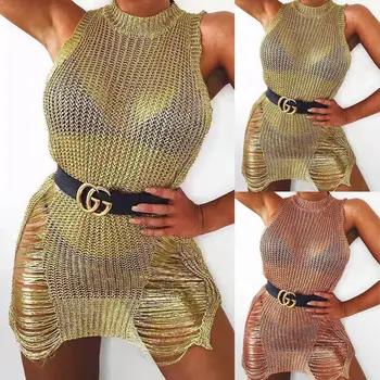 

Women Summer Bikini Cover Up Beachwear Crew Neck Knitted Hollow Mesh Sheer Mini Dress Lady Bathing Suit Swimwear