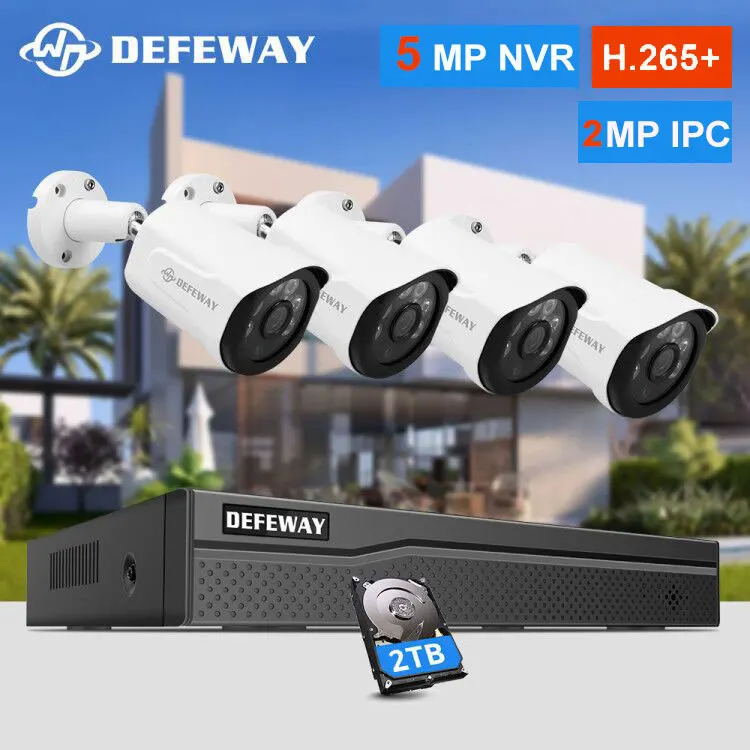 - DEFEWAY H265 8CH 5MP POE NVR Security Camera System Kit 4PCS 2MP IP Camera Outdoor Waterproof CCTV Video Surveillance NVR Set