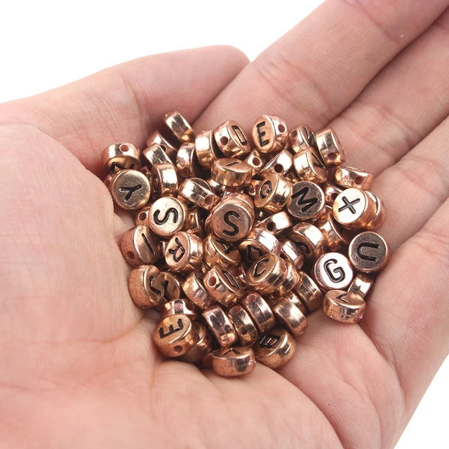 Mixed Letter Acrylic Beads Round Flat Alphabet Digital Cube Loose Spacer Beads For Jewelry Making Handmade Diy Bracelet Necklace 4x7mm Rose Gold