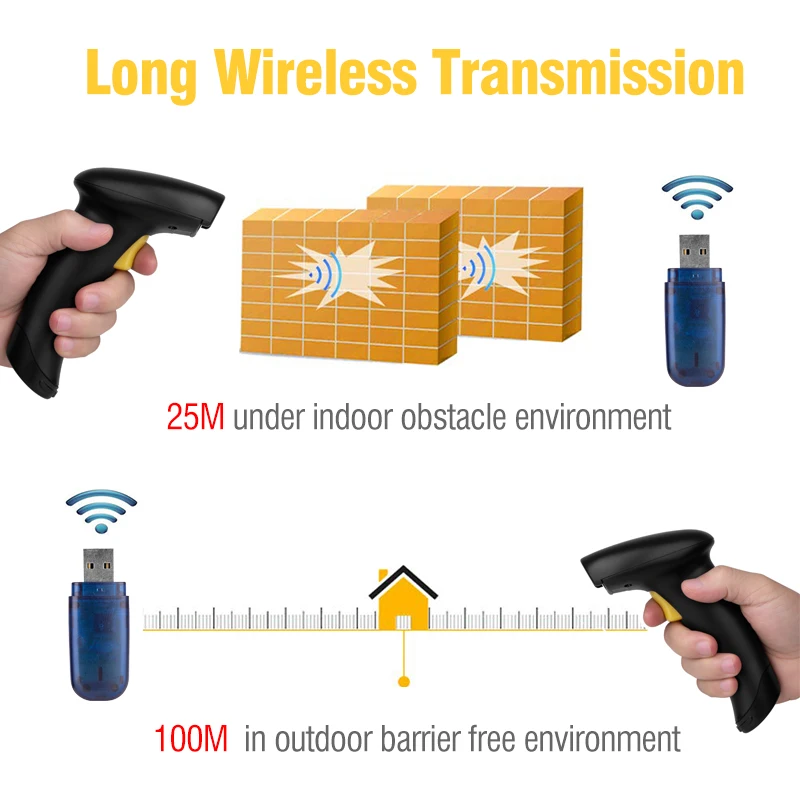 2.4G Wirelres Barcode Scanner 1D 2D QR Portable Bar Code Reader Handheld Data Matrix Reader Bar Gun Multi Language 2200mAh