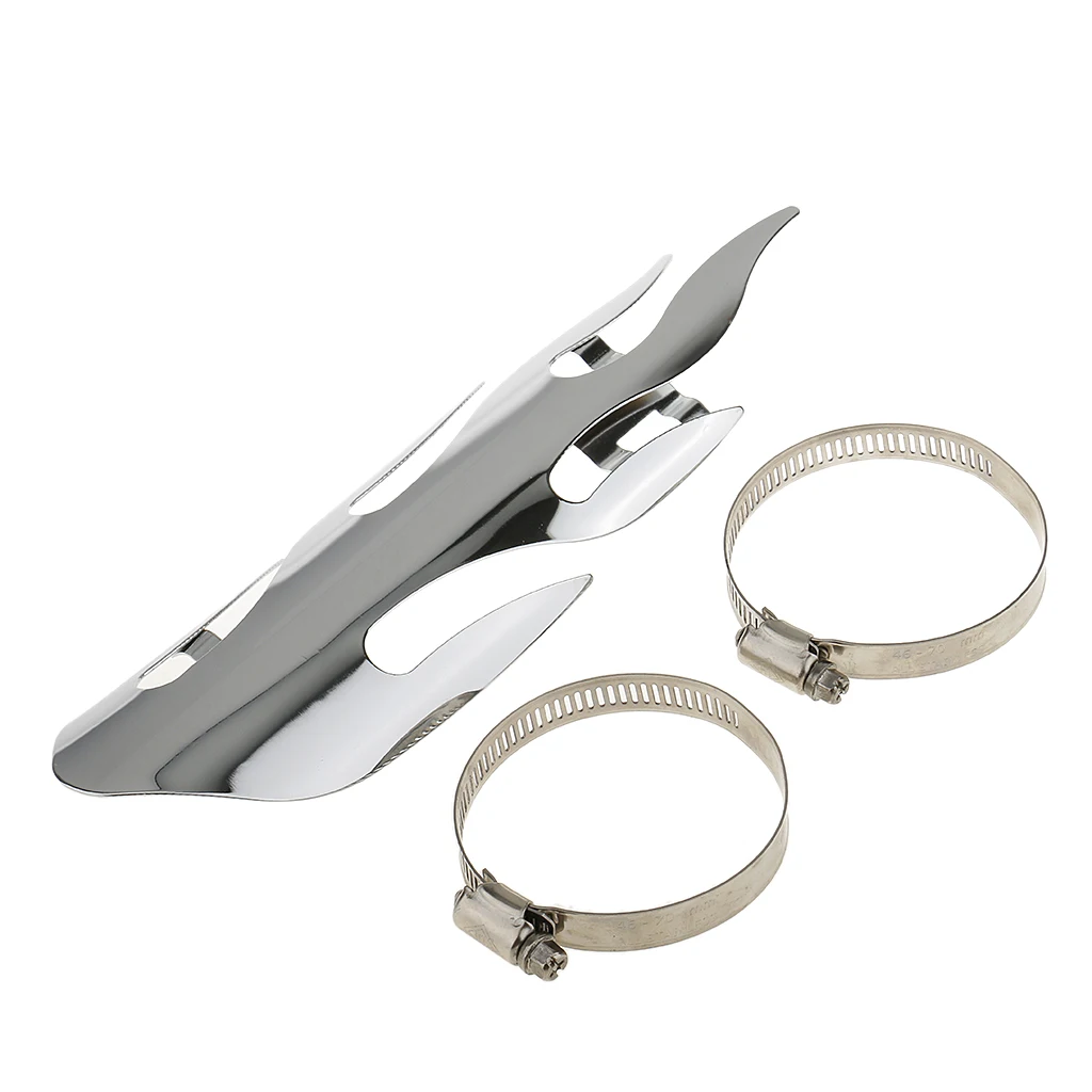 Universal Motorcycle Exhaust Silencer Pipe Cover Muffler Heat Shield Decor Heel Guard Flame, Silver