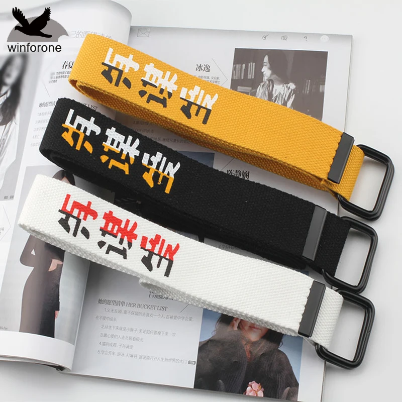 

Women Men Casual Belts Long Canvas Chinese Characters Waist Strap Jeans Trouser Square Buckle Black White Female Waist Belts