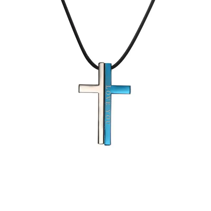 Jiayiqi Unique Cross Couple Necklace Love YOU Pendant Necklace Stainless Steel Men Women Trendy Jewelry Valentine Day Party Gift - Окраска металла: Blue