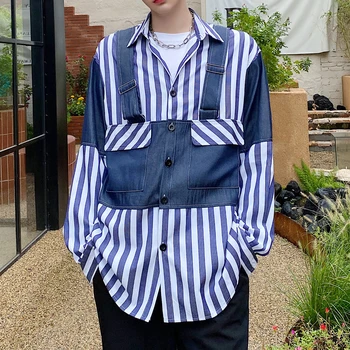 

Blue Korean Style Denim Shirt Men's Fashion Design Mens Casual Shirts Stripe Splicing Shirts Men Dress Camisa Social Masculina