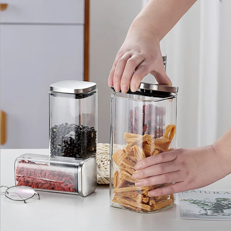 Sealed Glass Jars With Lids For Coffee Storage Can Square Candy Biscuits Pot Kitchen Glass Mason Jar Food Container Bulk Cereals 5
