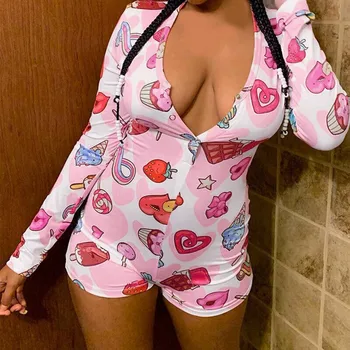 

Fashion Women Print Sexy Bodysuit One-Piece Sleepwear Long Sleeve Short Pant Sweet Girls Printted Jumpsuit Pijama de una pieza#2